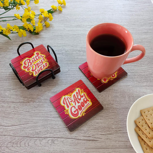 Wooden Coaster Set of 6 with Wrought Iron Coaster Stand; Designer Coaster Set for Tea Cups, Coffee Mugs and Glasses (Scarlet Quotes)