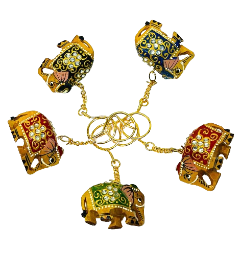 Wooden Hand-Painted And Pearl Work Elephant Key Ring Set