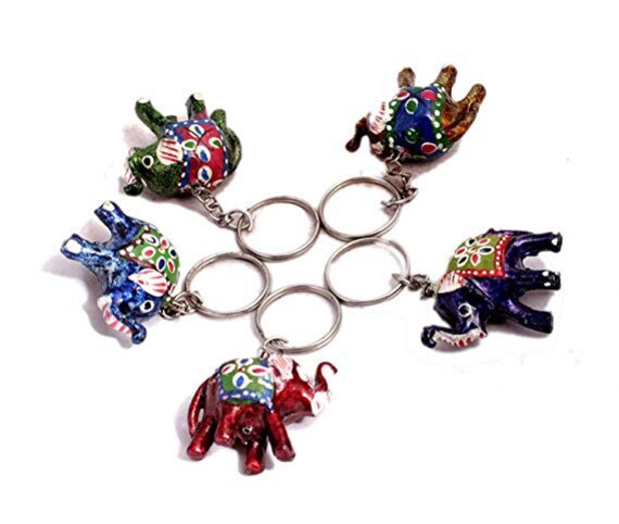 Handmade Microfiber Hand- painted Elephant Multi Colour Key Ring- Set Of 12