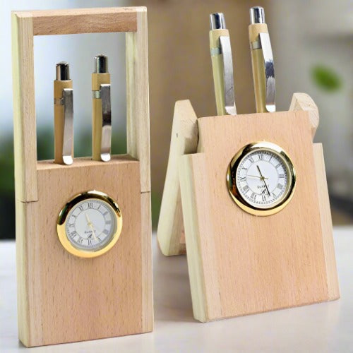 Handmade Wooden Pen holder with Analog Clock For Home Decor And Gift