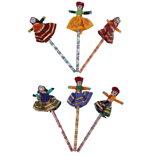 Indian Handmade Wooden Rajasthani Puppet Pencil Set of 3 Pair