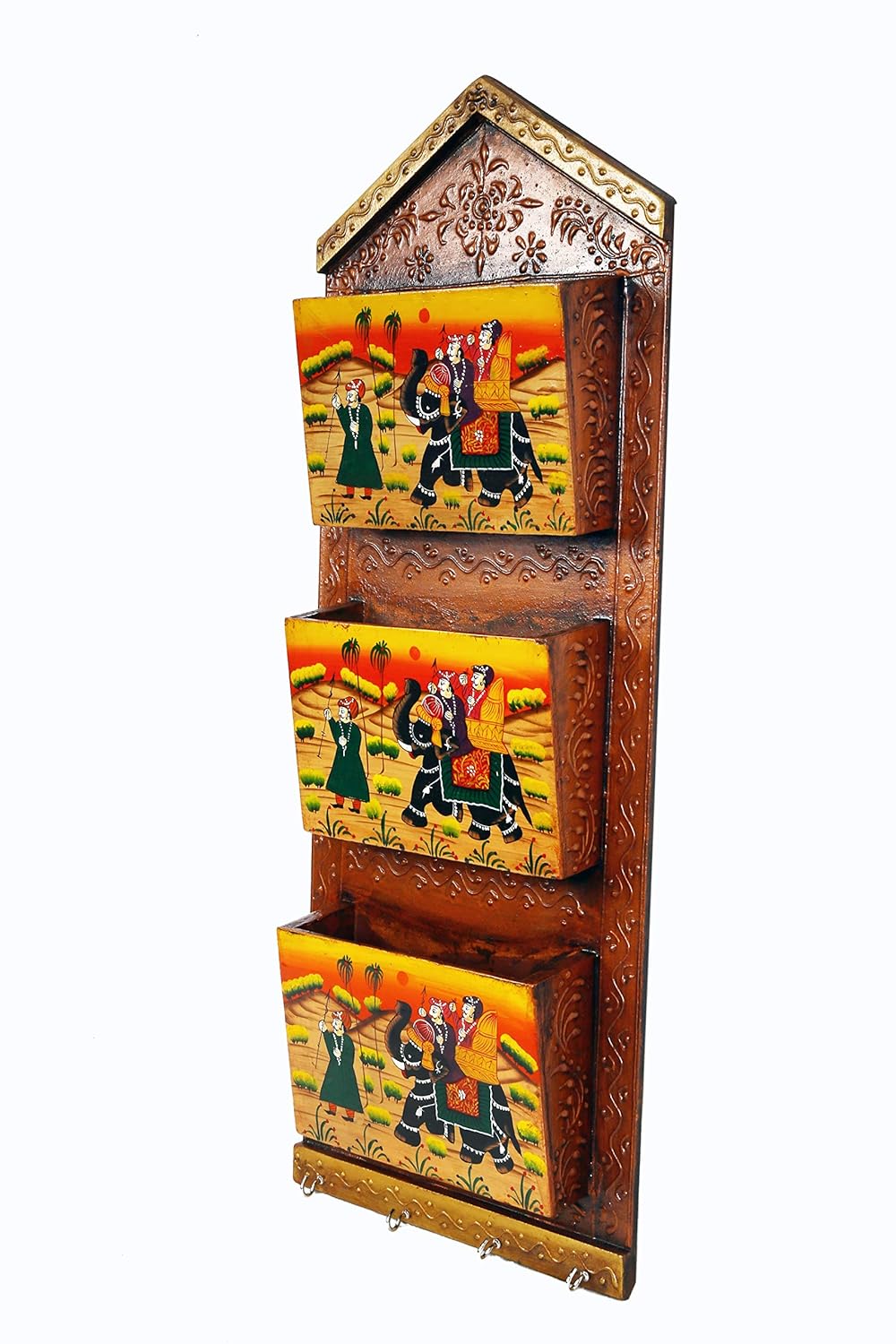 Wooden Hand Painted Letter /Magazine /Newspaper Holder and 4 Key Holder for Wall Home Decor & Gift (21X9 inches, Brown)