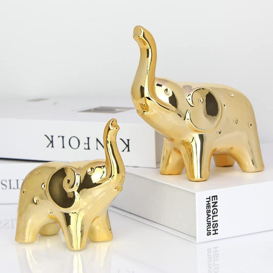 Resin Auspicious Elephant Statue For Home Decor, Home Decor Items For Living Room, Showpiece For Home Decor (Set Of 2, Gold)