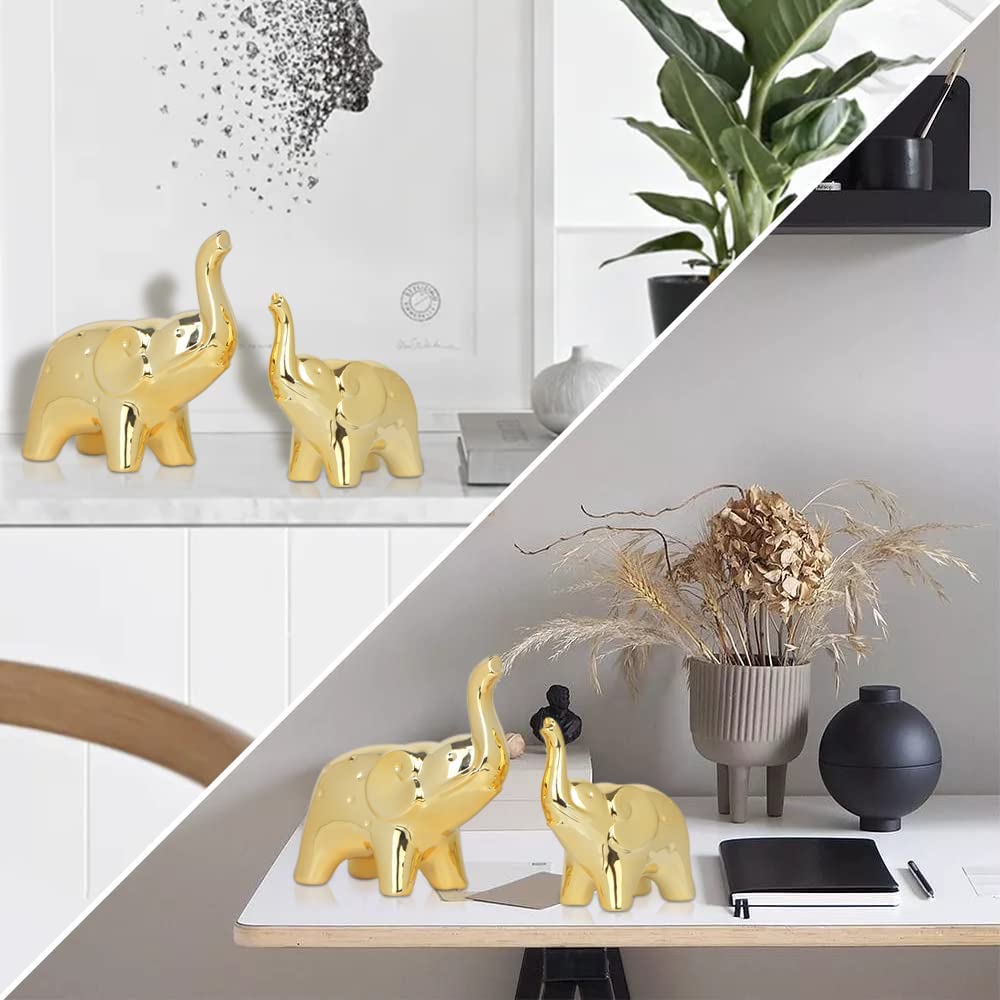 Resin Auspicious Elephant Statue For Home Decor, Home Decor Items For Living Room, Showpiece For Home Decor (Set Of 2, Gold)