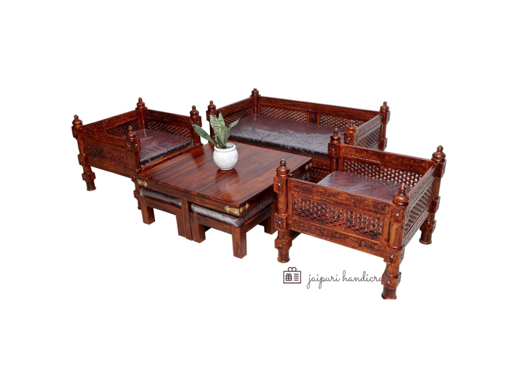 Jaipuri Handmade Antique Sheesham (Rosewood) Solid Wood Sofa Set | Wooden Sofa Set For Living Room  (2+1+1 with 4 Stool & Center Table)