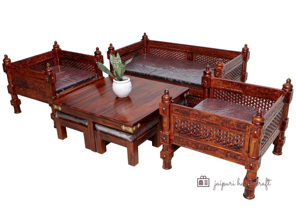 Jaipuri Handmade Antique Sheesham (Rosewood) Solid Wood Sofa Set | Wooden Sofa Set For Living Room  (2+1+1 with 4 Stool & Center Table)