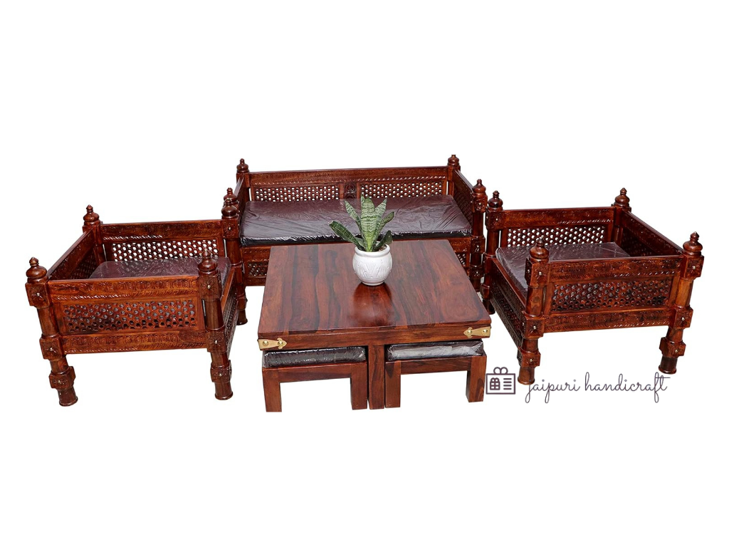 Jaipuri Handmade Antique Sheesham (Rosewood) Solid Wood Sofa Set | Wooden Sofa Set For Living Room  (2+1+1 with 4 Stool & Center Table)