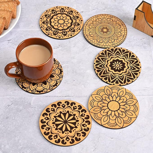 Jaipuri Handmade Coaster Set Of 6 Mandala Art Wooden Coasters With Proper Coaster Stand Coaster Set Fit For Tea Cups, Coffee Mugs And Glasses (3.5 X 3.5 Inch)