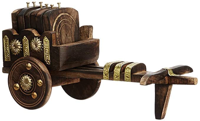 Handmade Wooden Bullock Cart Shaped Tea Coffee Coaster (Pack of 6)