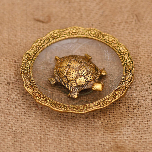 Collectible Metal Feng Shui Tortoise On Plate Showpiece for Good Luck