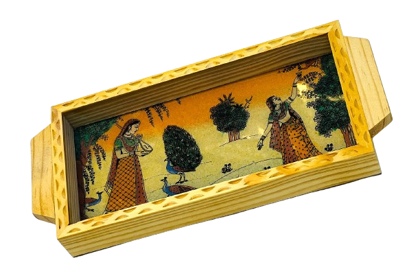 Handmade Ethnic Gemstone Painted Pretty Wooden Serving Tray (4x8)