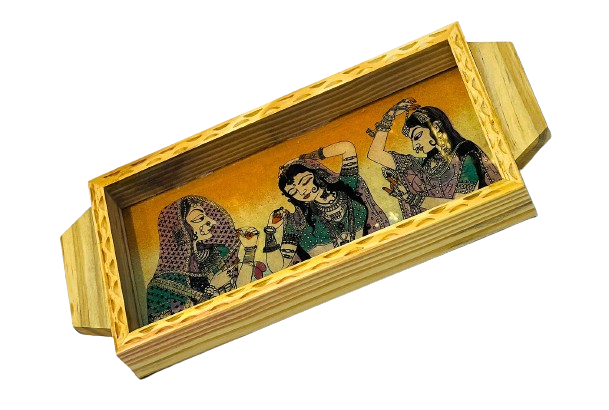 Handmade Ethnic Gemstone Painted Pretty Wooden Serving Tray (4x8)