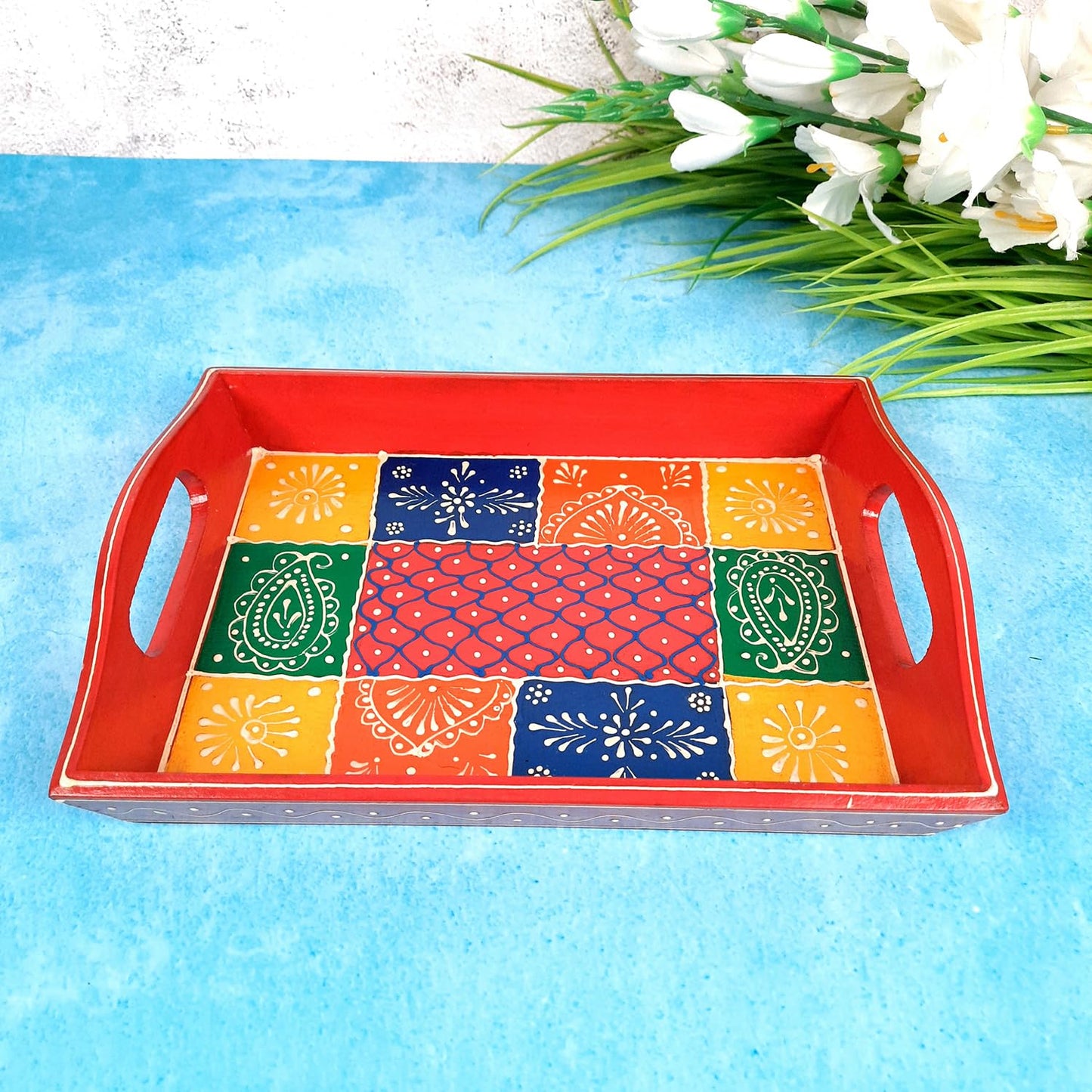 Jaipuri Handmade Wooden Tray  | Tea & Snacks Serving Platter | Decorative Handcrafted Trays - for Home, Dining Table, Kitchen Decor | Wedding & Housewarming Gift - 11 Inch