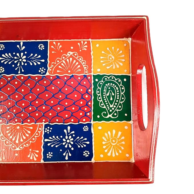 Jaipuri Handmade Wooden Tray  | Tea & Snacks Serving Platter | Decorative Handcrafted Trays - for Home, Dining Table, Kitchen Decor | Wedding & Housewarming Gift - 11 Inch