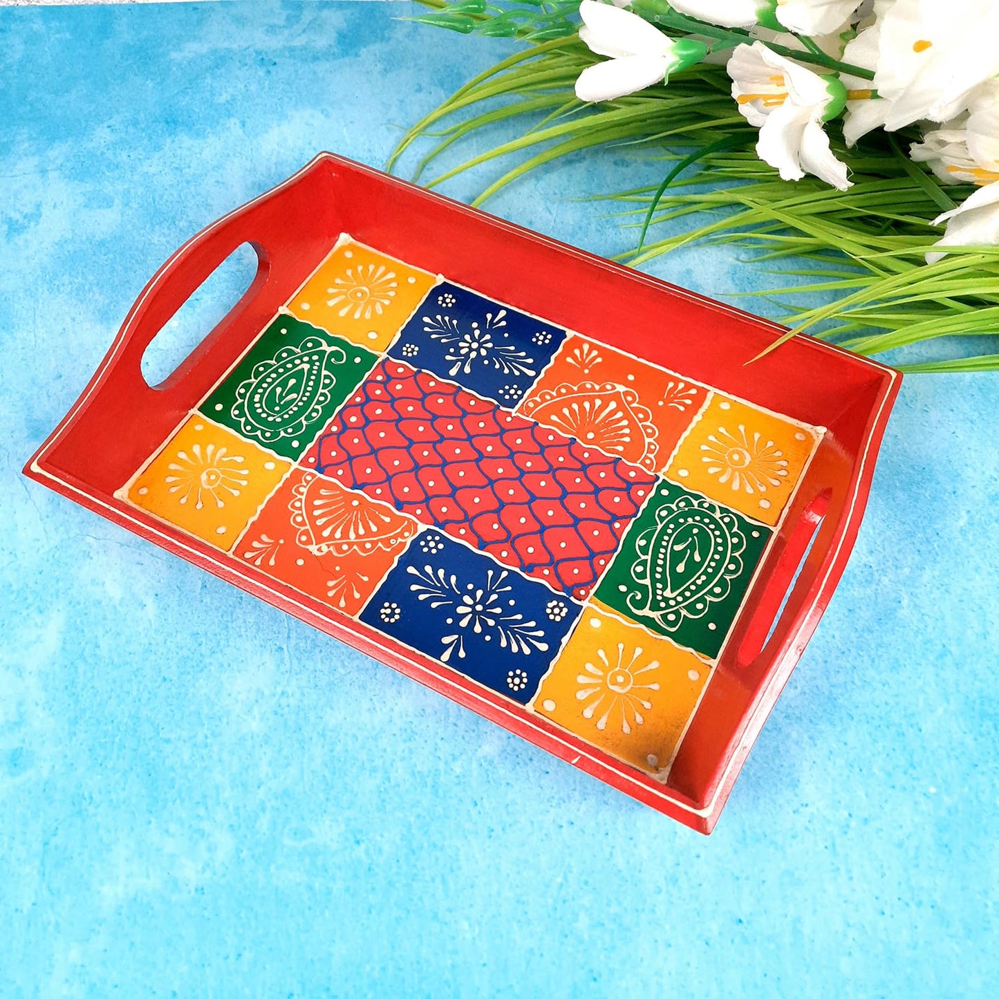 Jaipuri Handmade Wooden Tray  | Tea & Snacks Serving Platter | Decorative Handcrafted Trays - for Home, Dining Table, Kitchen Decor | Wedding & Housewarming Gift - 11 Inch