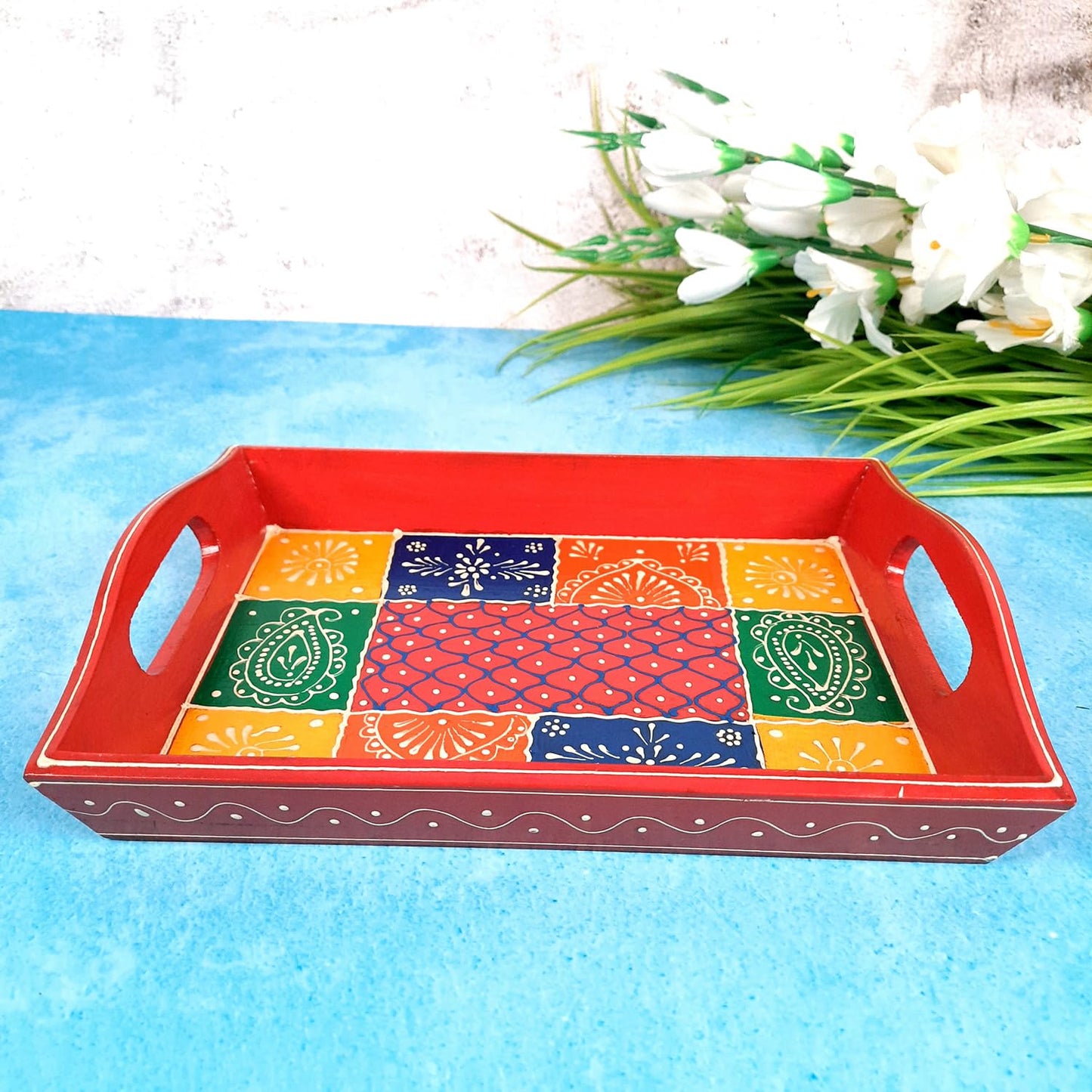 Jaipuri Handmade Wooden Tray  | Tea & Snacks Serving Platter | Decorative Handcrafted Trays - for Home, Dining Table, Kitchen Decor | Wedding & Housewarming Gift - 11 Inch