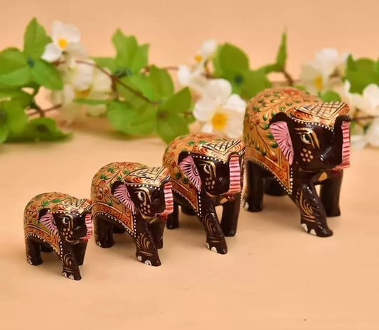 Wooden Elephant Set of 4, Elephant Statue for Gifts, Wooden Elephant Set for Home Office Table Living Room Bedroom Decoration Items - (2,2.5,3,4 inch) (Brown)