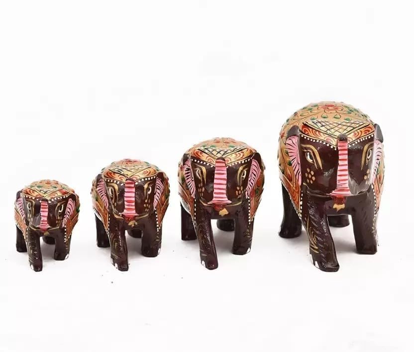 Wooden Elephant Set of 4, Elephant Statue for Gifts, Wooden Elephant Set for Home Office Table Living Room Bedroom Decoration Items - (2,2.5,3,4 inch) (Brown)