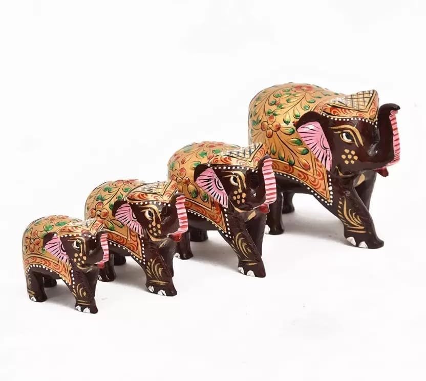 Wooden Elephant Set of 4, Elephant Statue for Gifts, Wooden Elephant Set for Home Office Table Living Room Bedroom Decoration Items - (2,2.5,3,4 inch) (Brown)