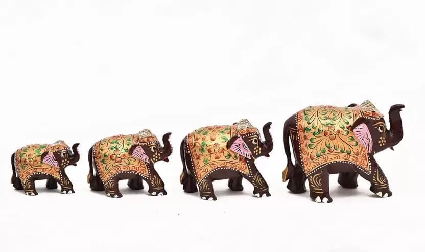 Wooden Elephant Set of 4, Elephant Statue for Gifts, Wooden Elephant Set for Home Office Table Living Room Bedroom Decoration Items - (2,2.5,3,4 inch) (Brown)