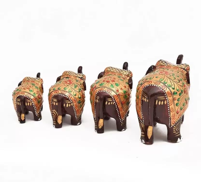 Wooden Elephant Set of 4, Elephant Statue for Gifts, Wooden Elephant Set for Home Office Table Living Room Bedroom Decoration Items - (2,2.5,3,4 inch) (Brown)