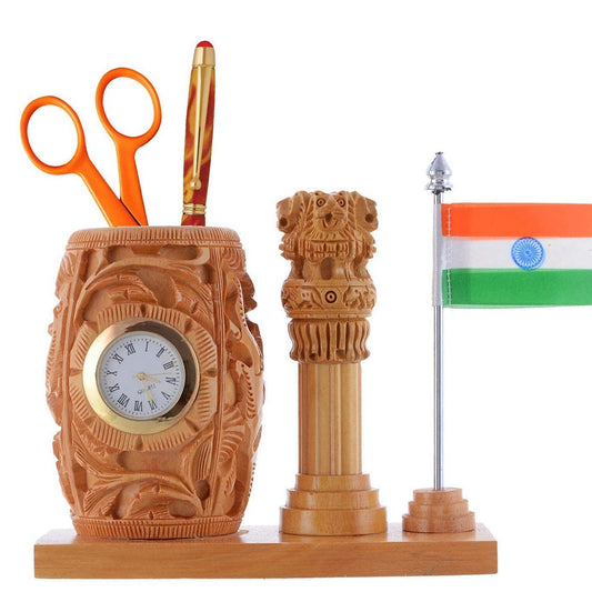 Wooden Ashoka Stambh With Hand Craved Analogue Clock Pen Stand